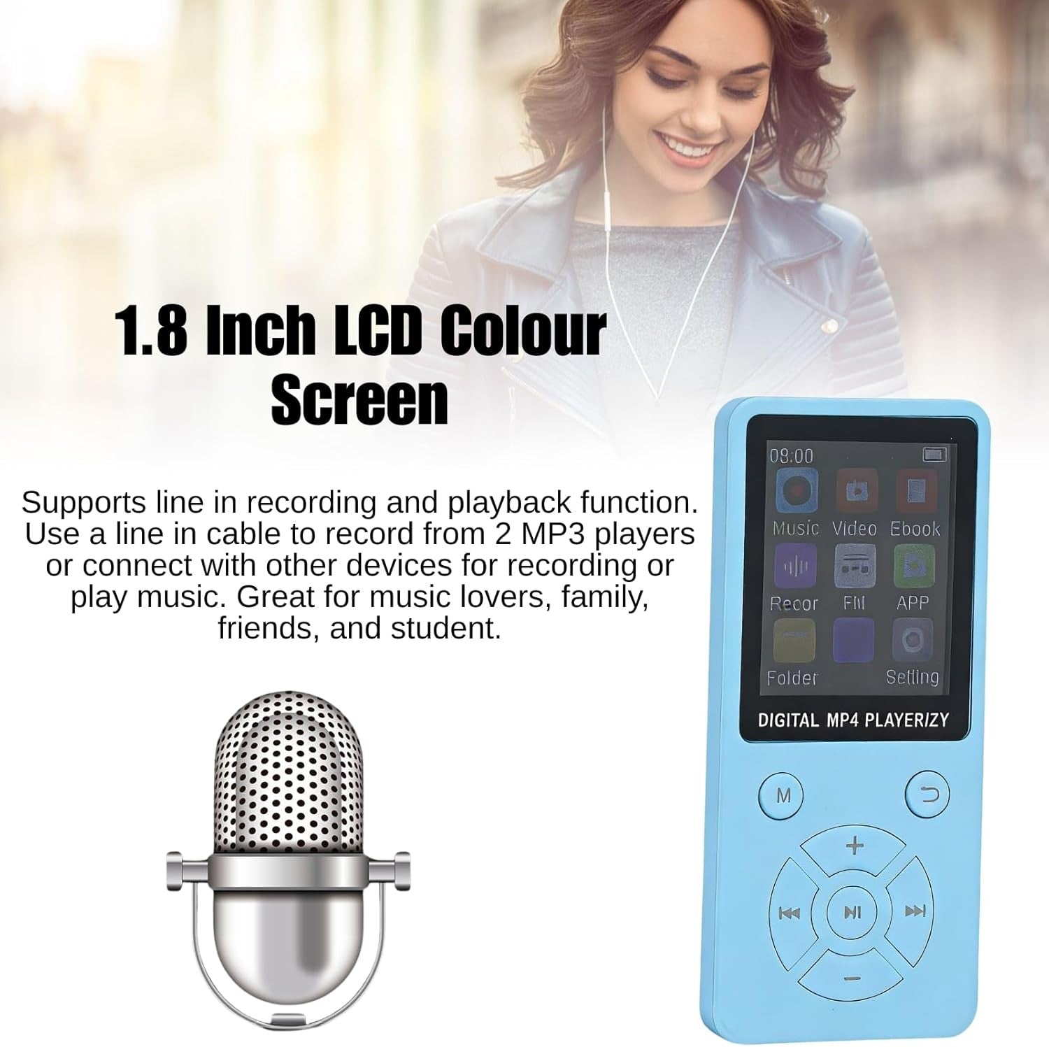 64GB Bluetooth 5.0 MP3 MP4 Player 1.8" LCD FM Radio Blue