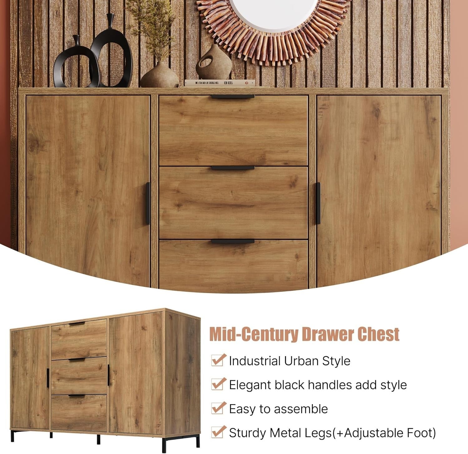 Modern Dark Oak Sideboard Cabinet with Drawers & Shelves Storage