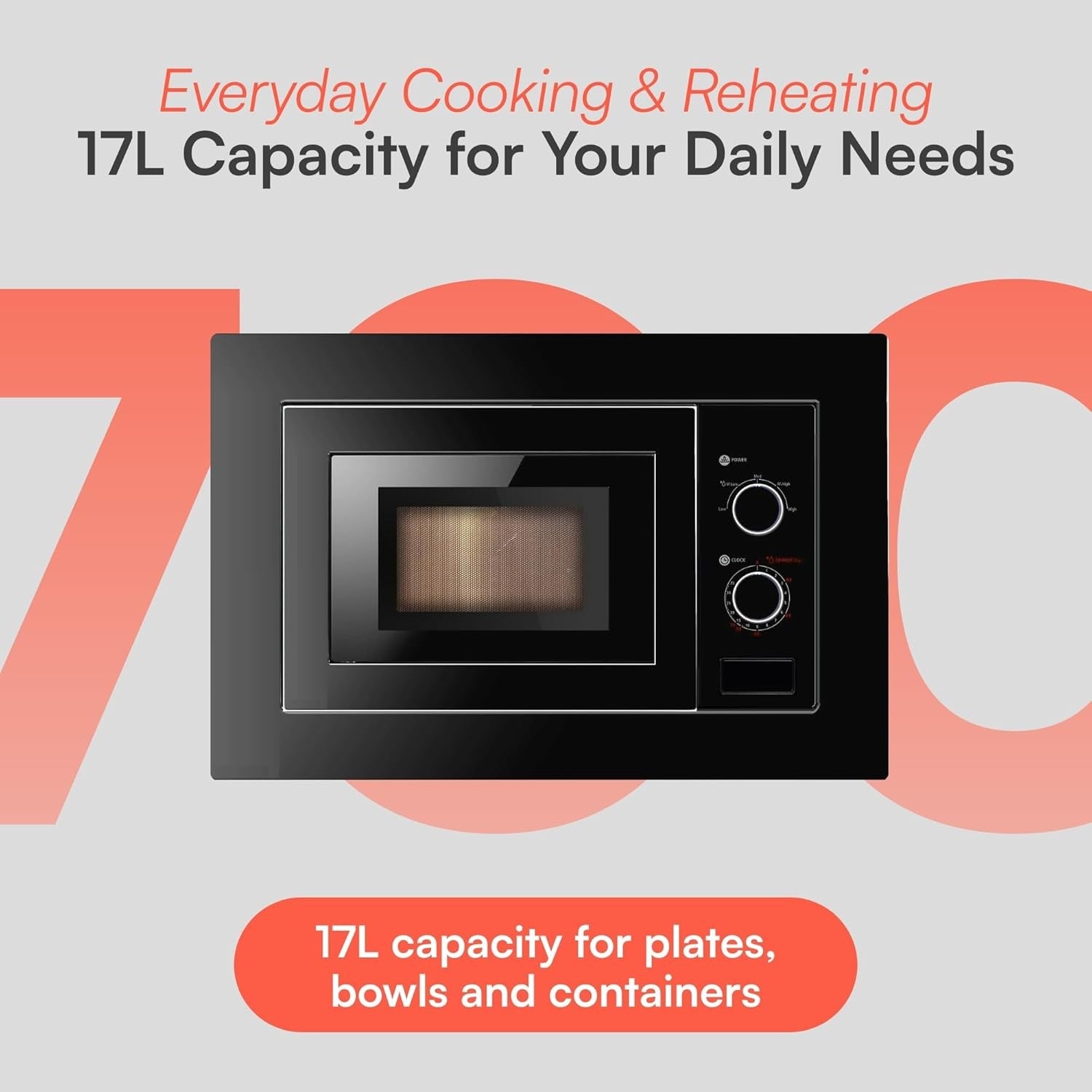 Black 17L Built-in Digital Microwave 5 Power Levels 24.5cm Turntable