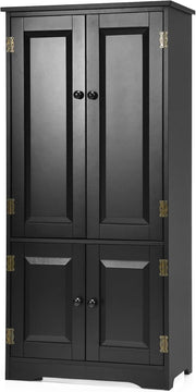 Black Wood Storage Cabinet 4 Door Cupboard | Adjustable Shelves Freestanding Uni