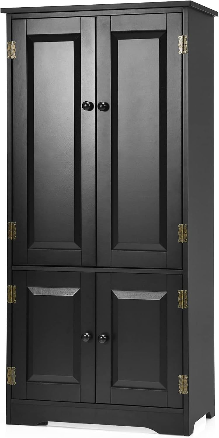 Black Wood Storage Cabinet 4 Door Cupboard | Adjustable Shelves Freestanding Uni