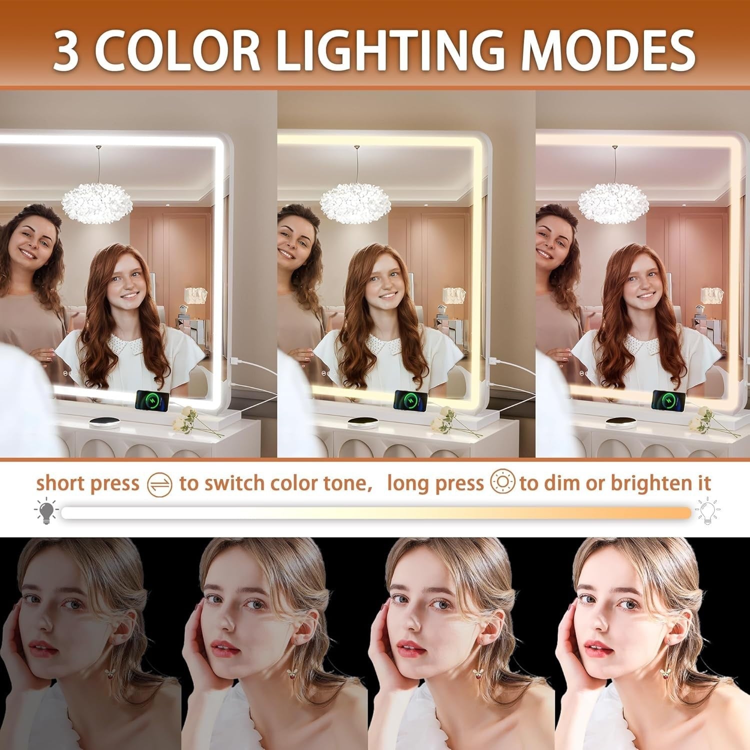 LED Makeup Mirror 95x65cm Vanity Lighted Touch Control Dimmable
