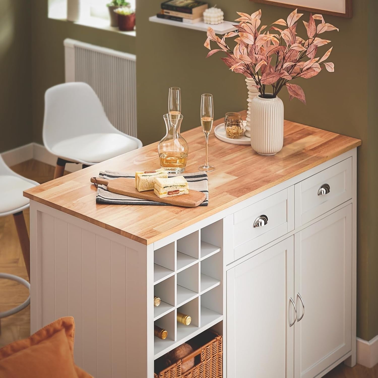 White Kitchen Island with Storage, Sideboard Cabinet & 2 Rattan Baskets
