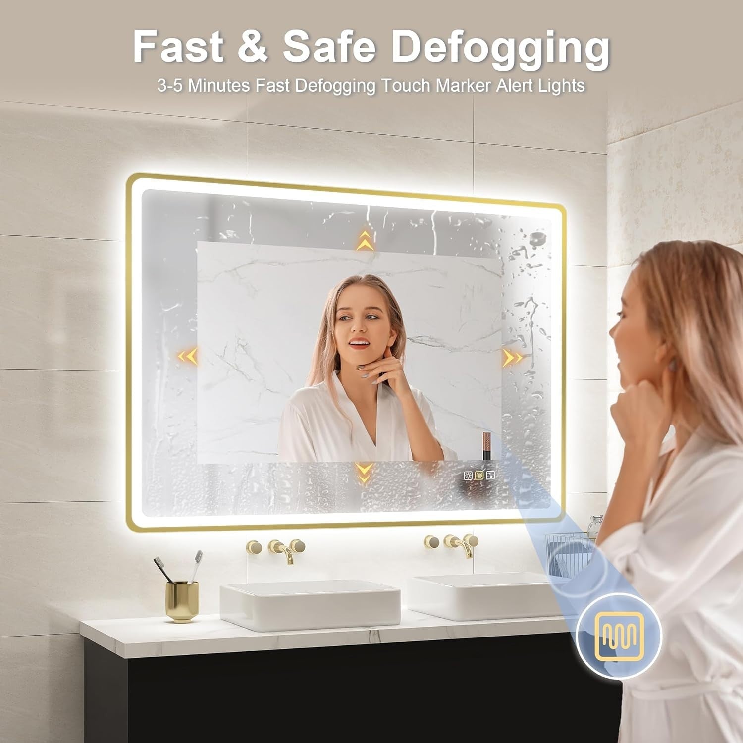 LED Bathroom Mirror 70x100 cm Gold Frame, Bluetooth, Anti-Fog, Dimmable