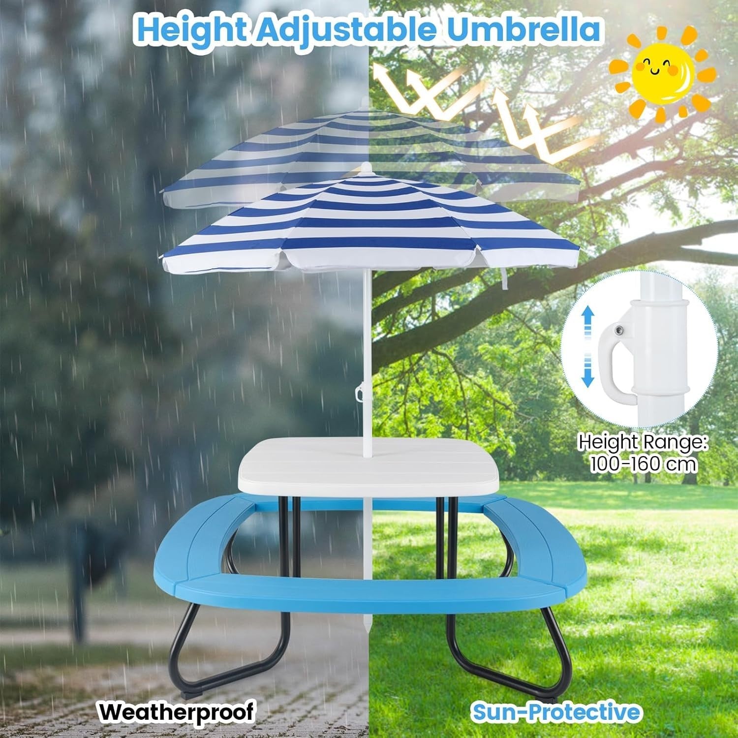 Kids Picnic Table Set 8-Seater with Adjustable Umbrella, Outdoor Garden Fun