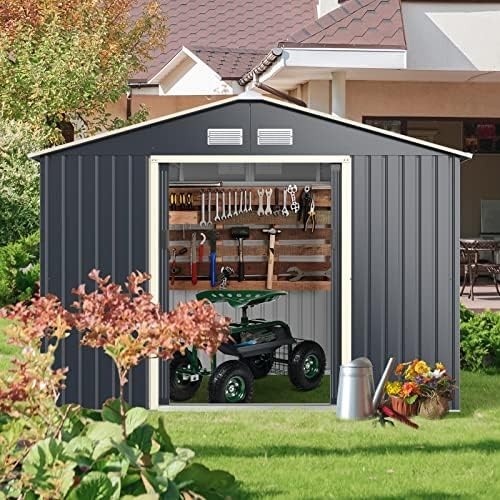 Metal Garden Storage Shed 9x6ft Waterproof Outdoor Tool Shed, Sliding Doors Grey