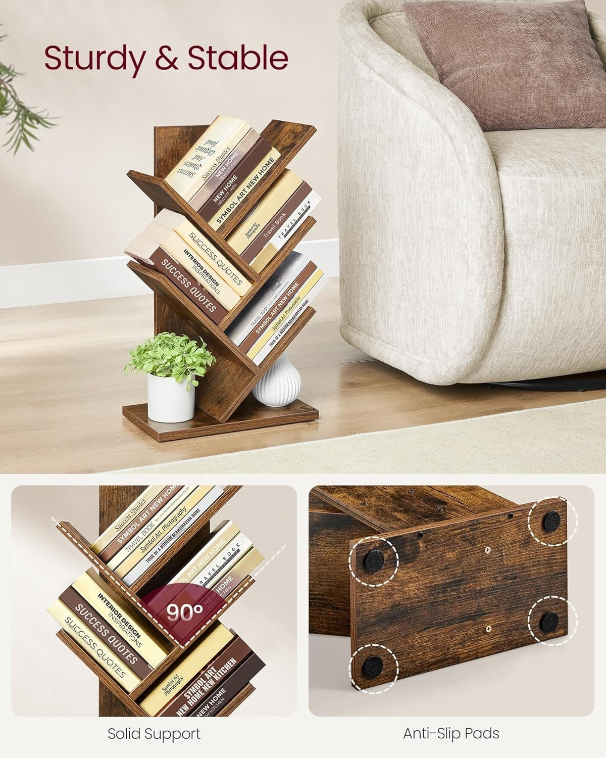 5 Tier Tree Bookshelf Rustic Brown Small Corner Bookcase Space Saving 51cm