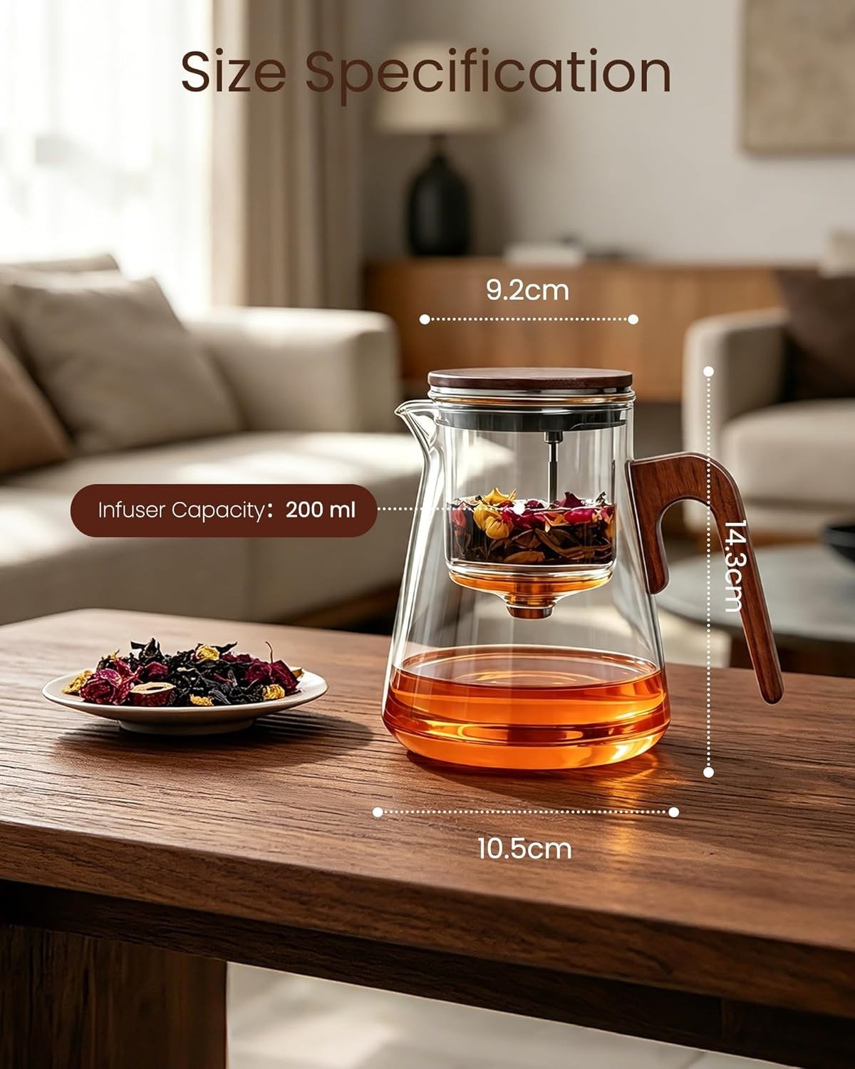 Magnetic Glass Teapot 800ml Tea Pot w Infuser Walnut Handle Lid