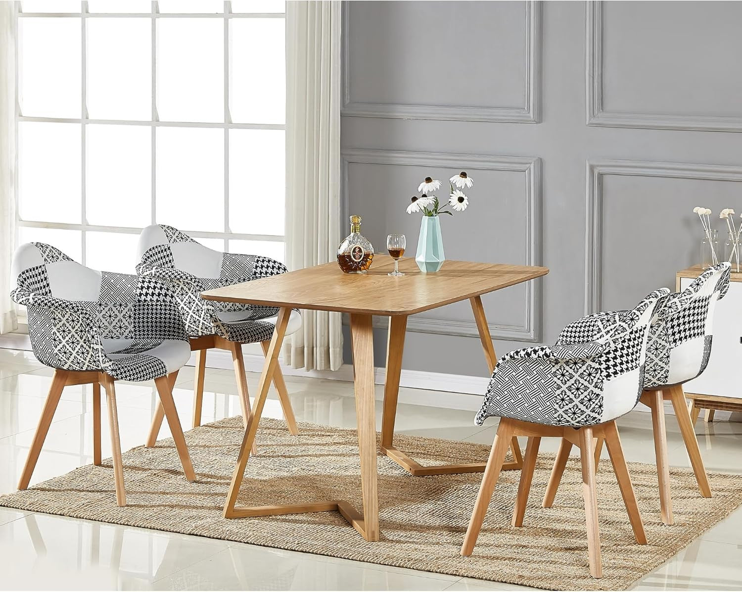 Black White Patchwork Dining Chair with Arms Wood Legs Fabric