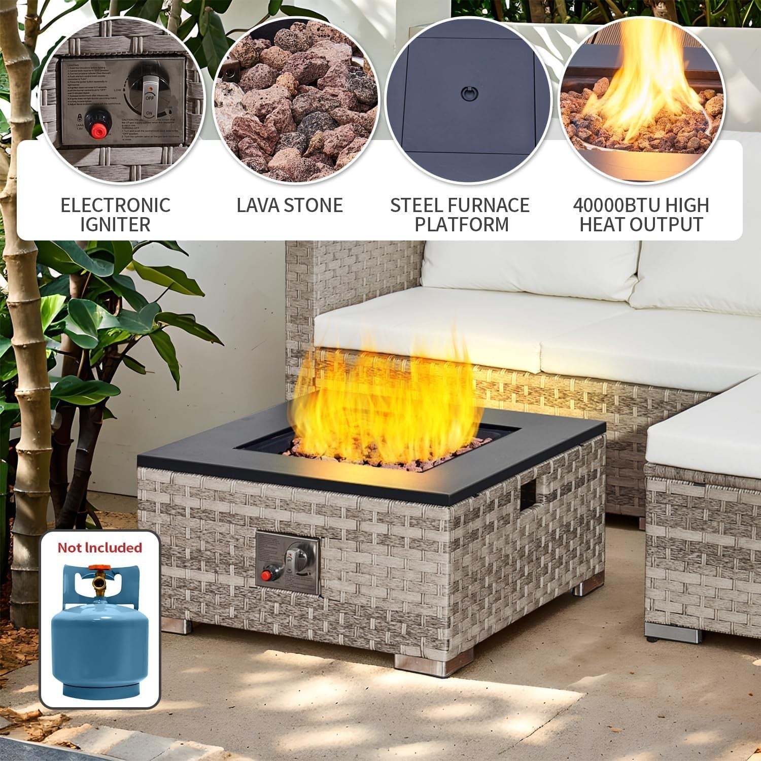 Outdoor 3-Piece Rattan Patio Fire Pit Set with Cushions & 40,000 BTU Table