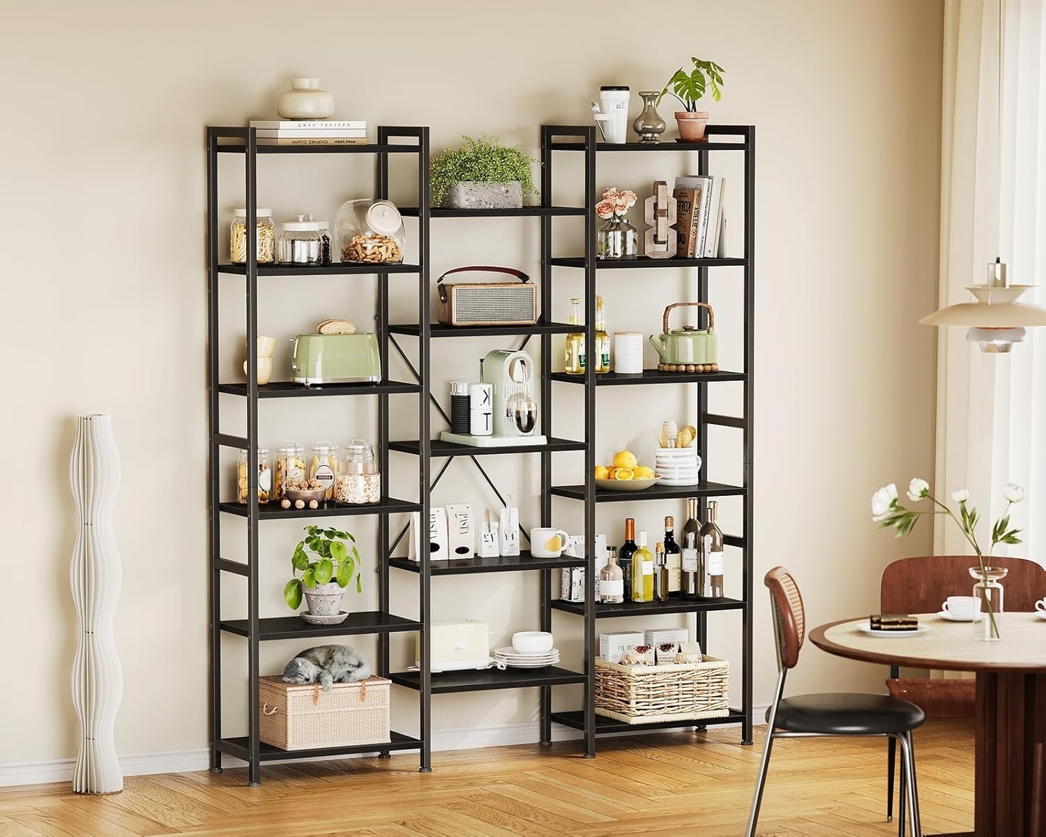 6 Tier Triple Bookshelf Industrial 14 Shelf Wide Bookcase Black