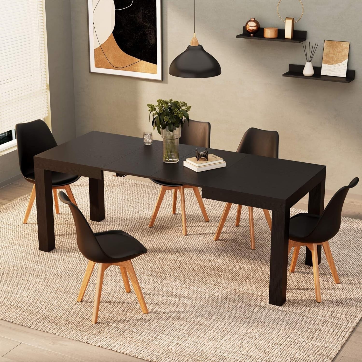 Extendable Black Dining Table 8 Seater Wood Modern Space-Saving 120-200cm