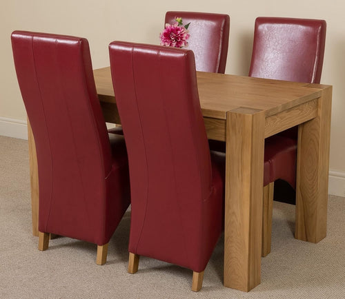 Solid Oak 4-Seater Dining Table Set Burgundy Leather Chairs 125x80cm Compact