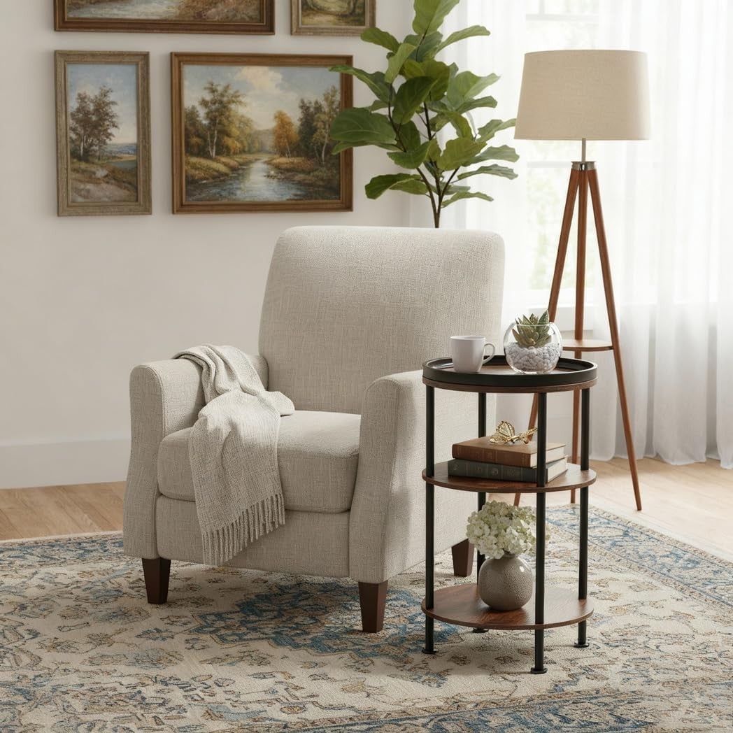 3 Tier Round Side Table with Storage Shelf Metal Frame Small Space Brown 30x55.