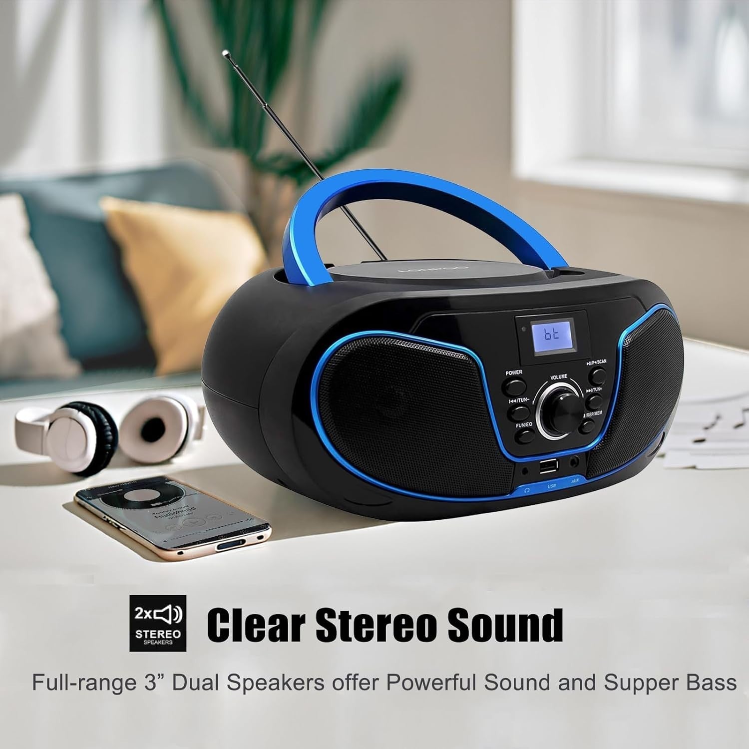 Portable Boombox CD Player Bluetooth FM Radio USB AUX Stereo Blue