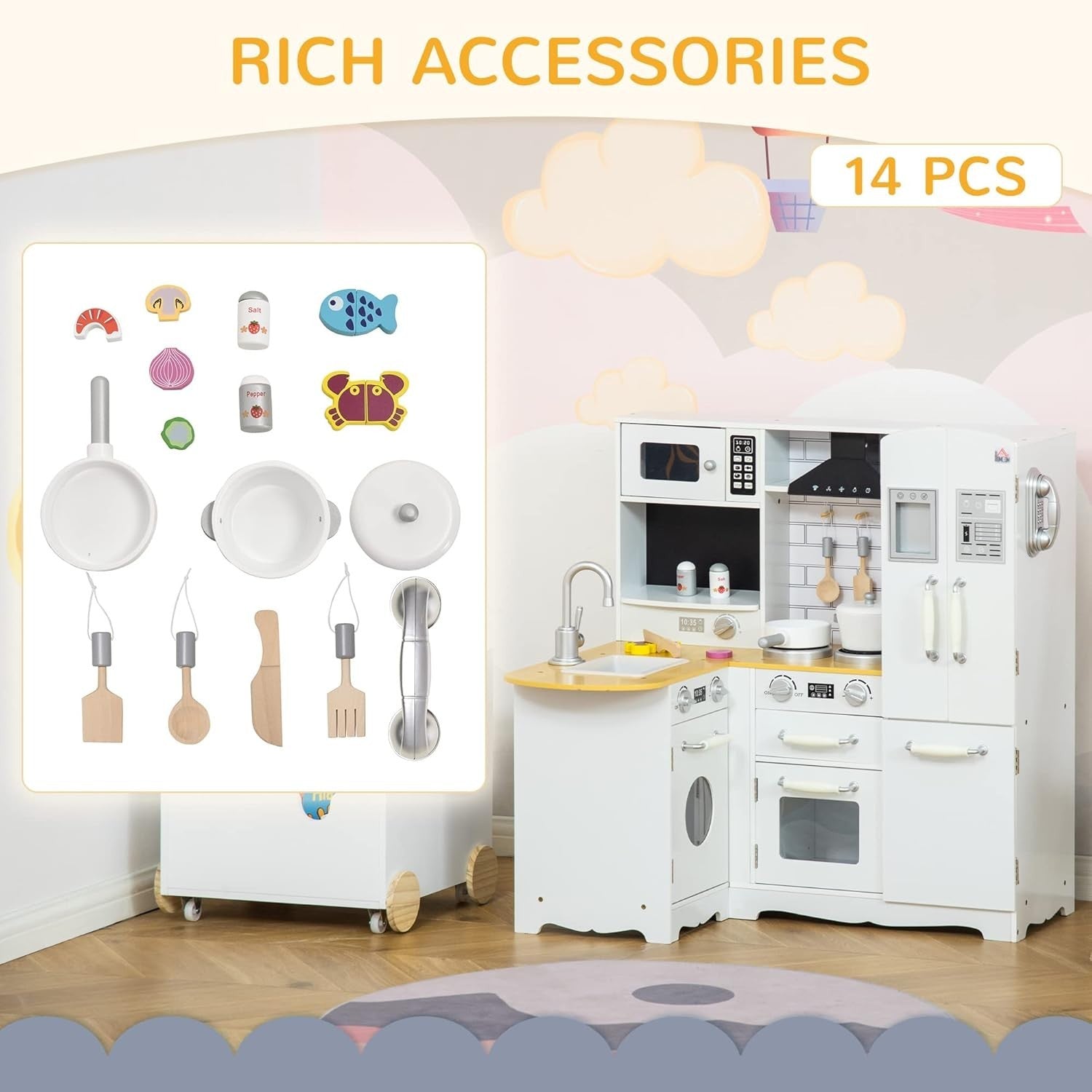 Wooden Kids Play Kitchen White Toy Set Fridge Oven Microwave Sounds