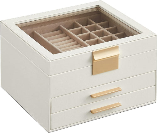 Cloud White Gold Jewellery Box Glass Lid 3 Layer Organizer with Drawers
