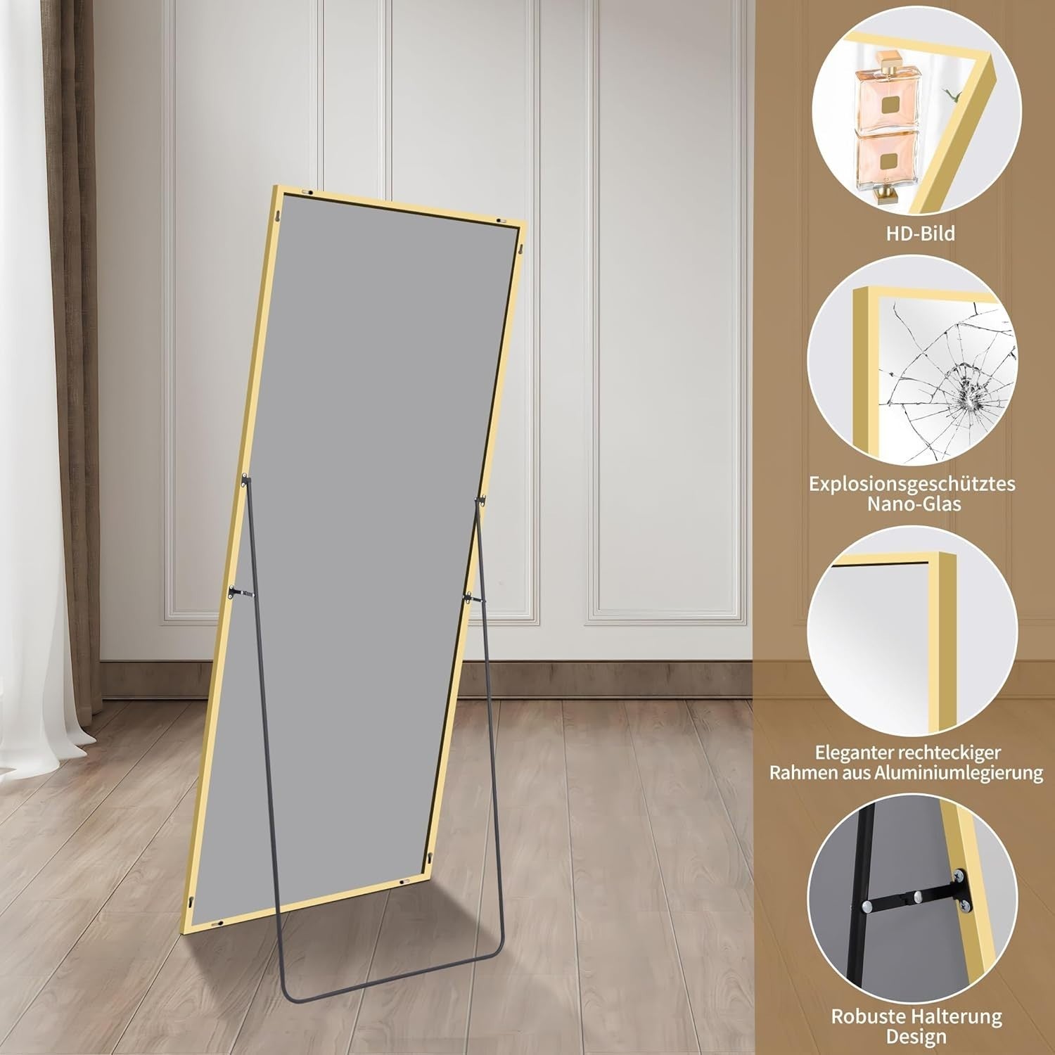 Gold Full Body Mirror 150x40cm Freestanding & Wall Mount Bedroom Use