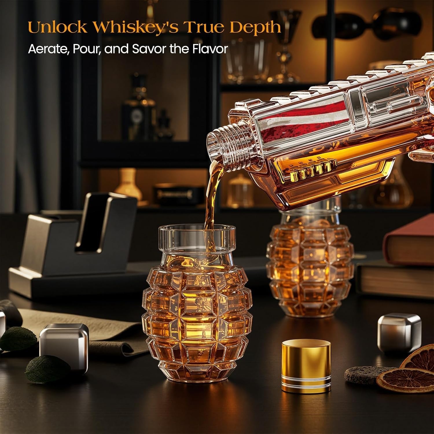 Gun Whiskey Decanter Flag Edition with Grenade Shot Glasses & Stand 380ml Gift S