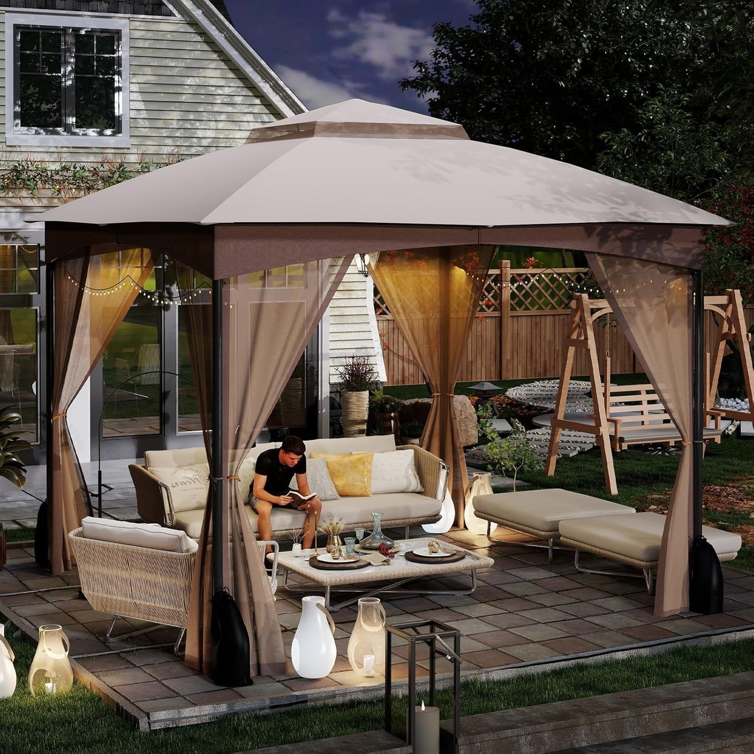 3x3M Garden Gazebo Double Roof Patio Tent With Netting & Sandbags Khaki