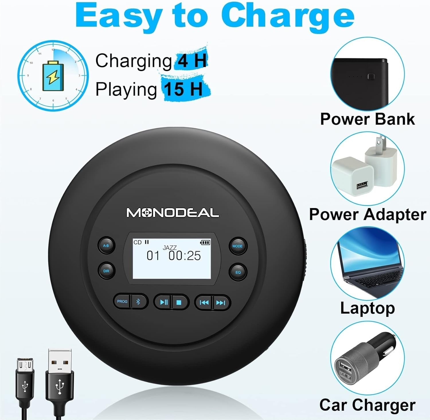 Portable Bluetooth CD Player Rechargeable Anti-Skip Dual Headphone SD