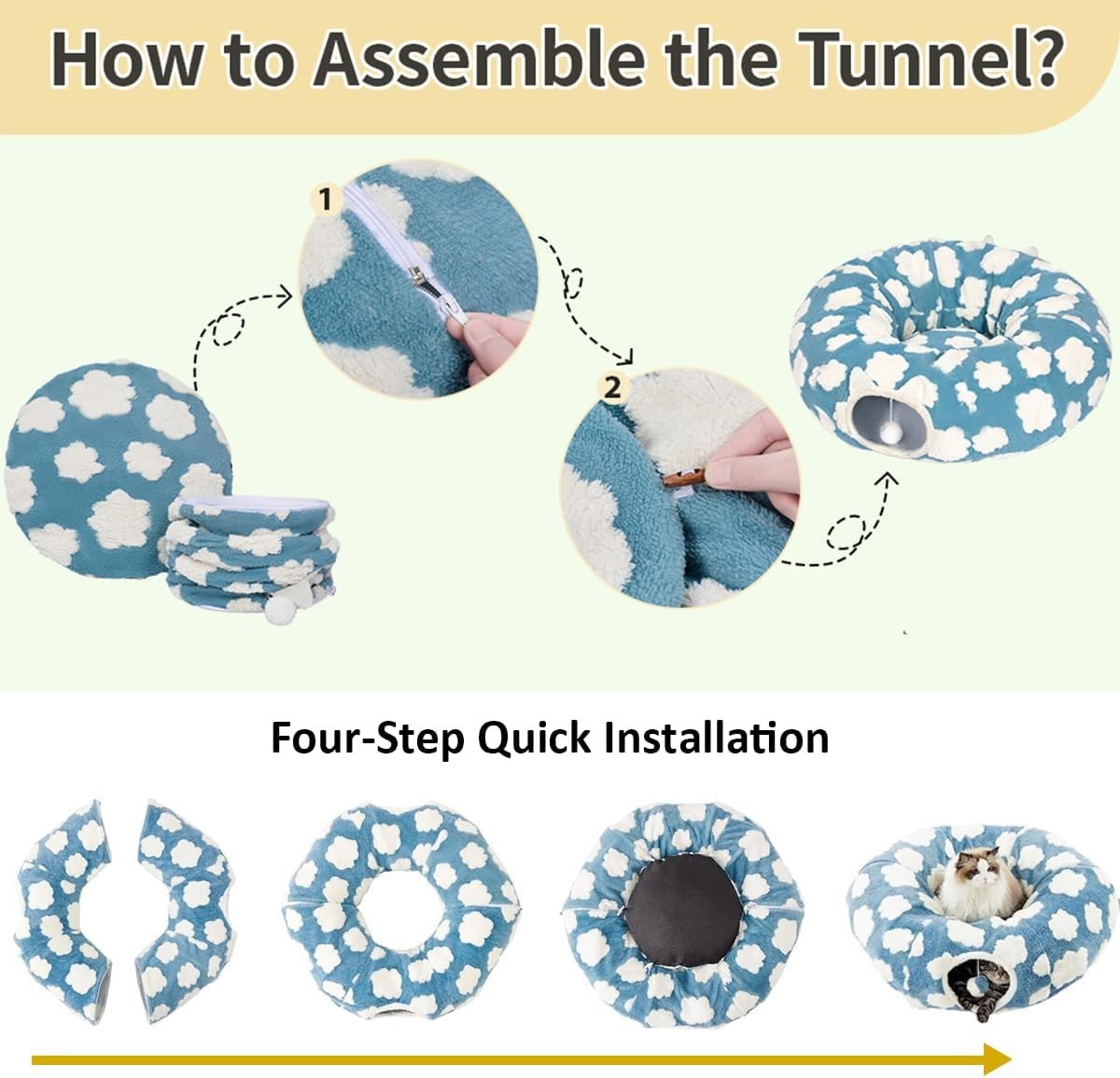 Cat Donut Tunnel Bed 2 in 1 Play Tunnel w Washable Cushion Purple