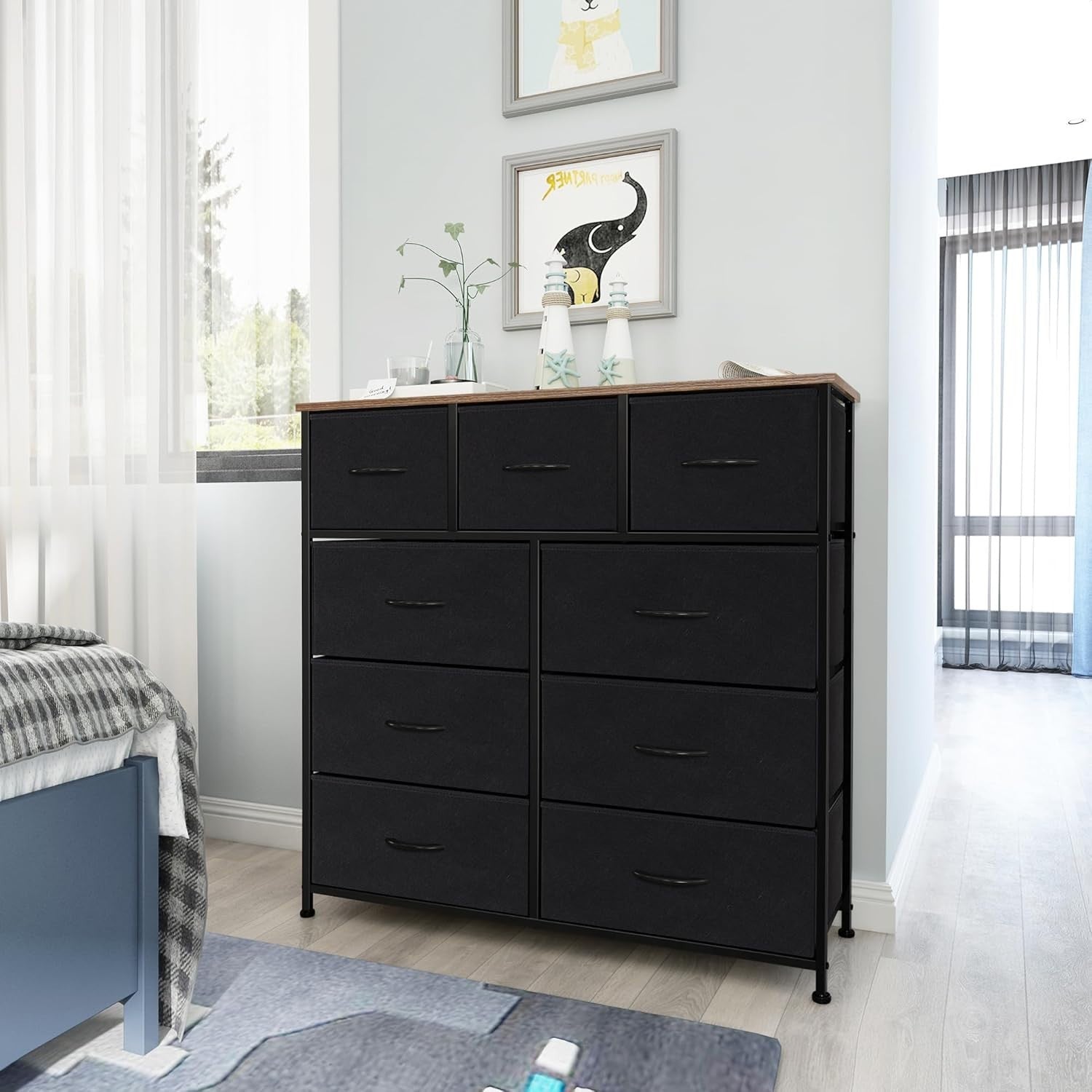 9 Drawer Rustic Storage Chest Fabric Organizer for Bedroom Hallway Office