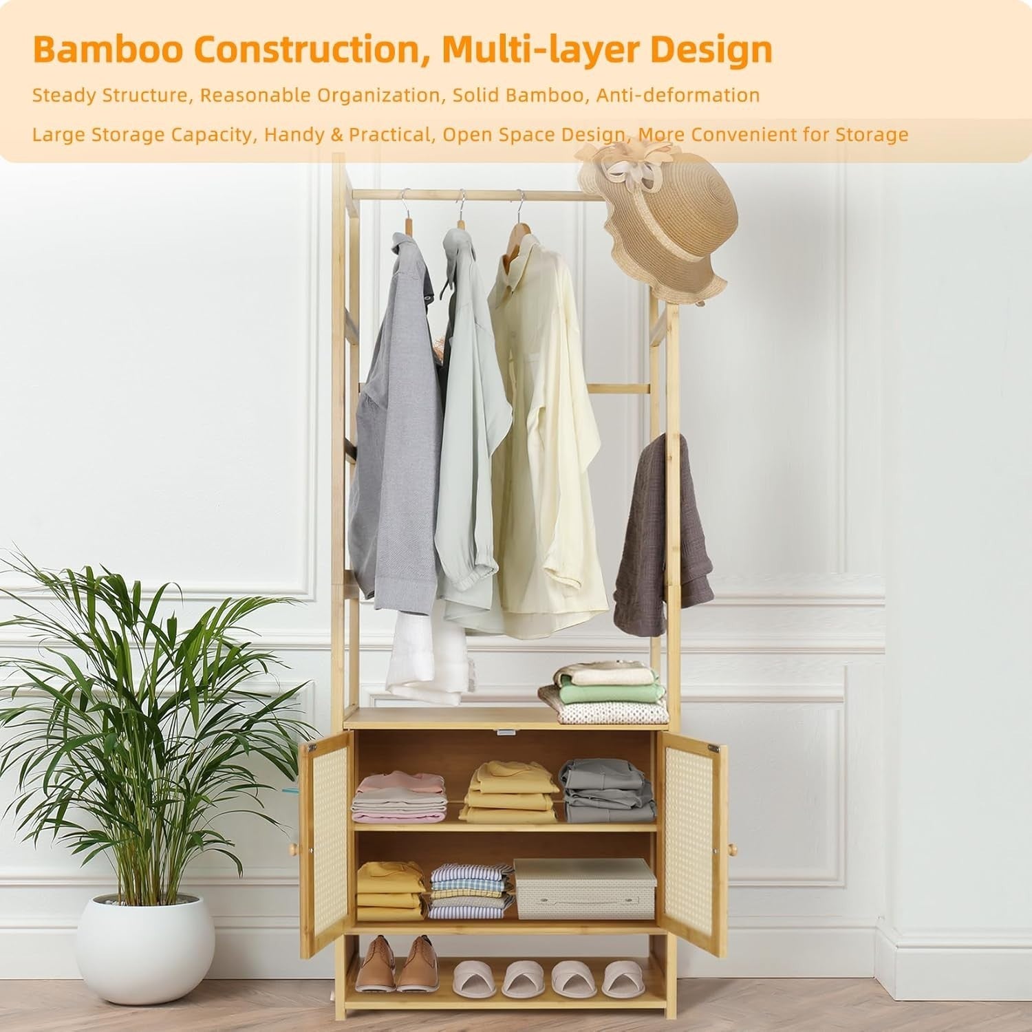 Bamboo Clothes Rack Wardrobe with Cabinet – Freestanding Storage 168cm