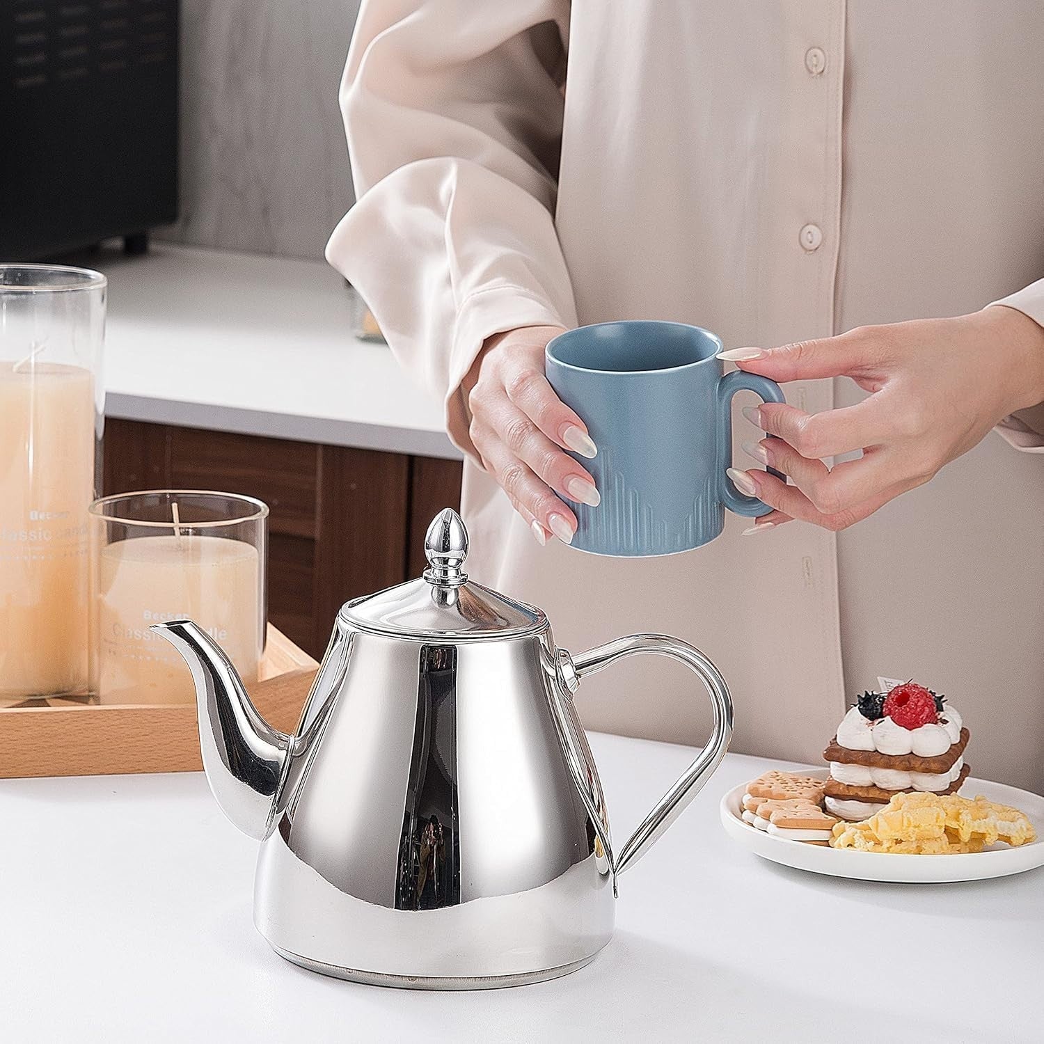 Stainless Steel Teapot 1.2L Tea Coffee Server Easy Pour Drip Free Pot