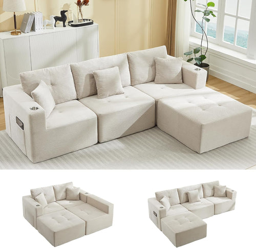 Off-White L-Shaped Corner Sofa | Corduroy, No Assembly, Cup Holder, 3/4 Seater