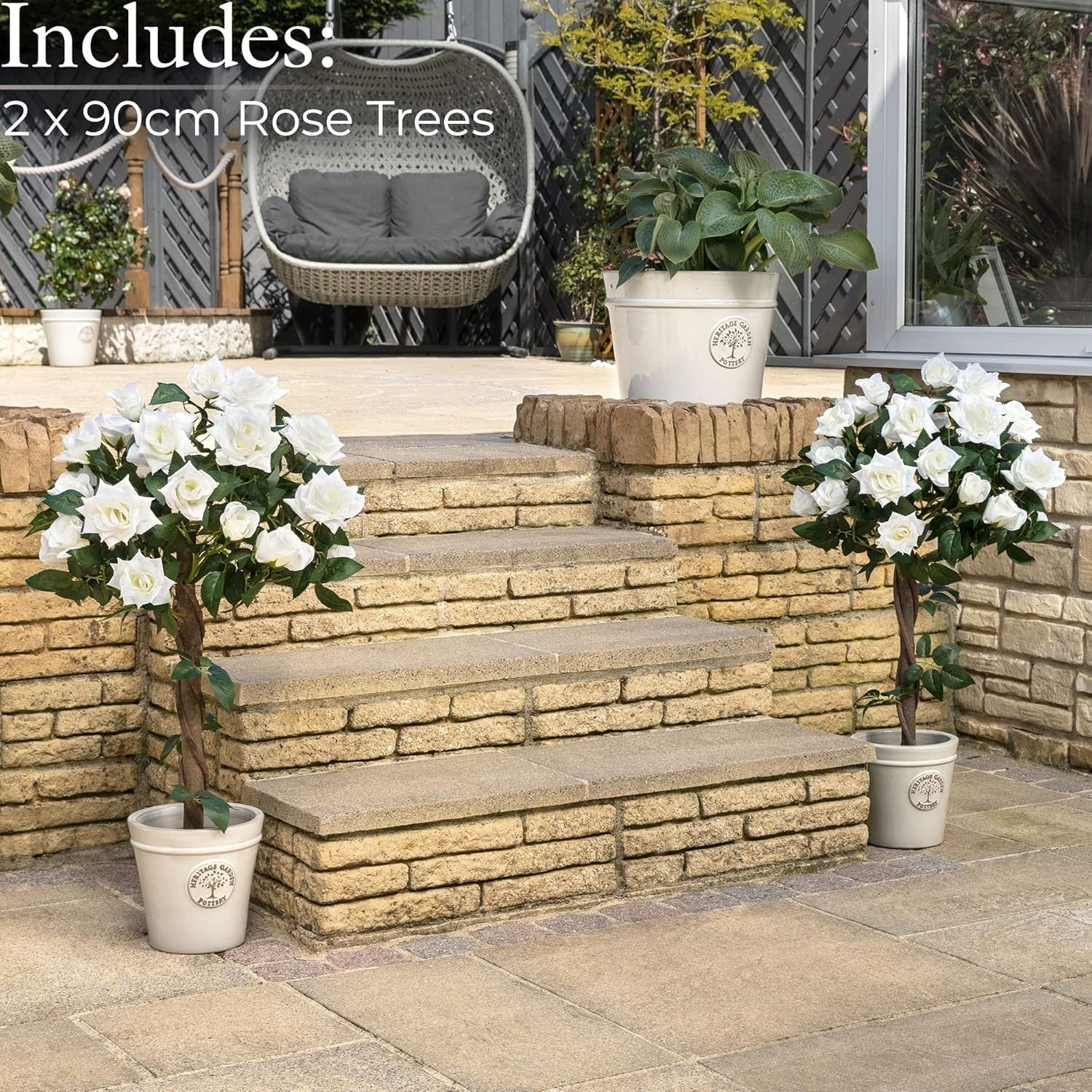 3ft Artificial Cream Rose Trees 2-Pack Twisted Trunk Potted Indoor Outdoor Decor