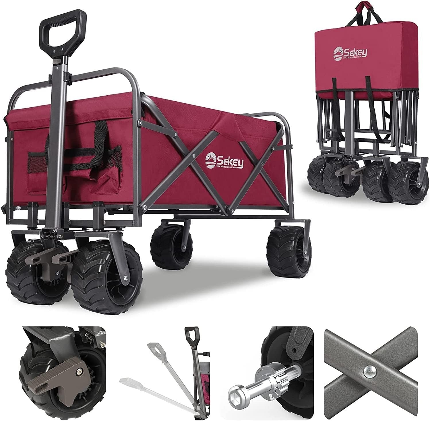 Red 440lb Heavy Duty Folding Wagon Trolley w/ Wide All-Terrain Wheels & Brake