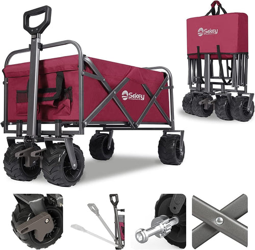 Red 440lb Heavy Duty Folding Wagon Trolley w/ Wide All-Terrain Wheels & Brake
