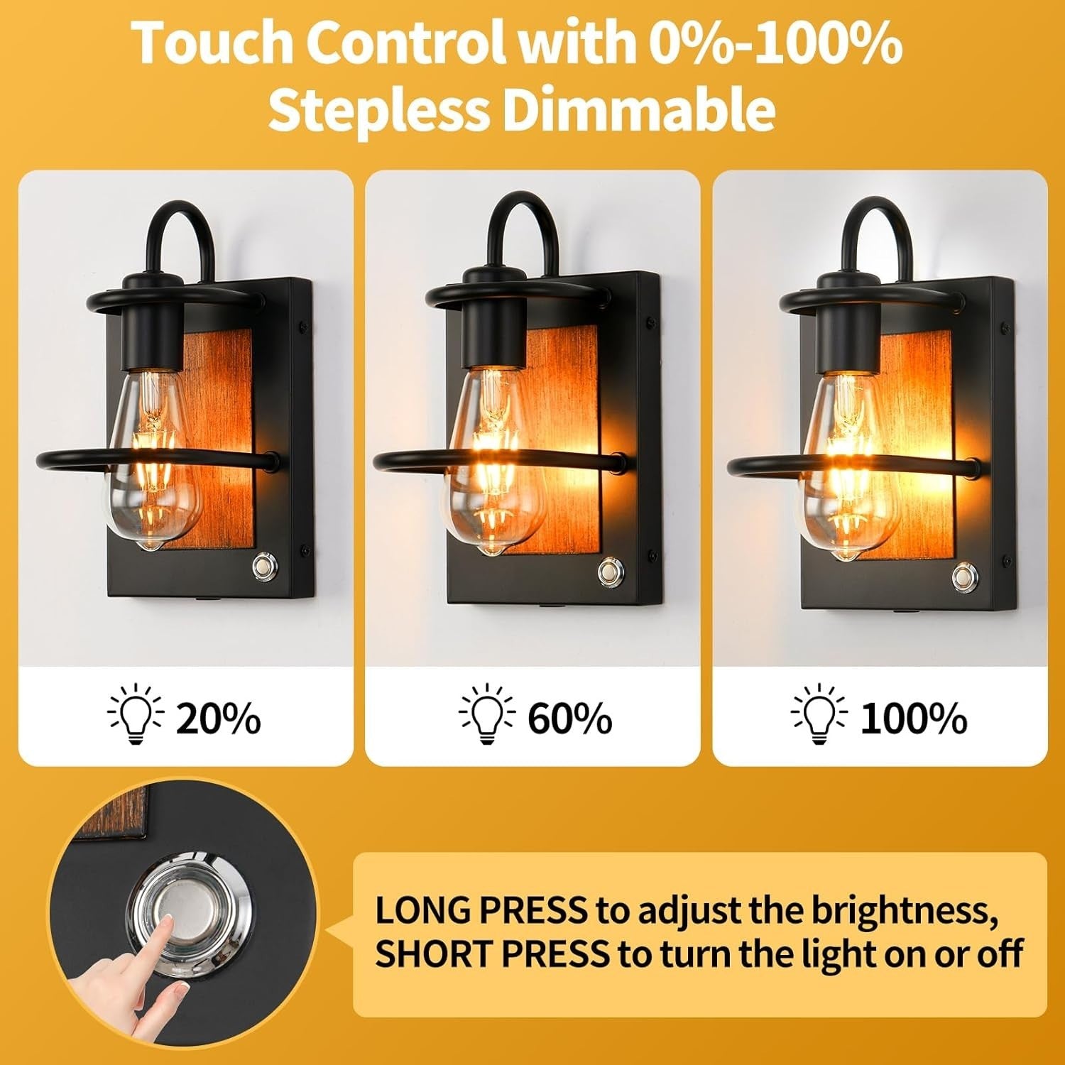 Dimmable Wireless Battery Wall Sconce Set, USB Rechargeable, Faux Wood Lamp