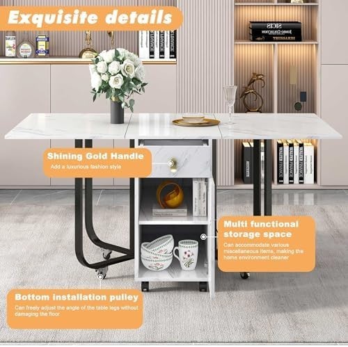 Extendable Folding Dining Table with Storage Drawers Marble White Black