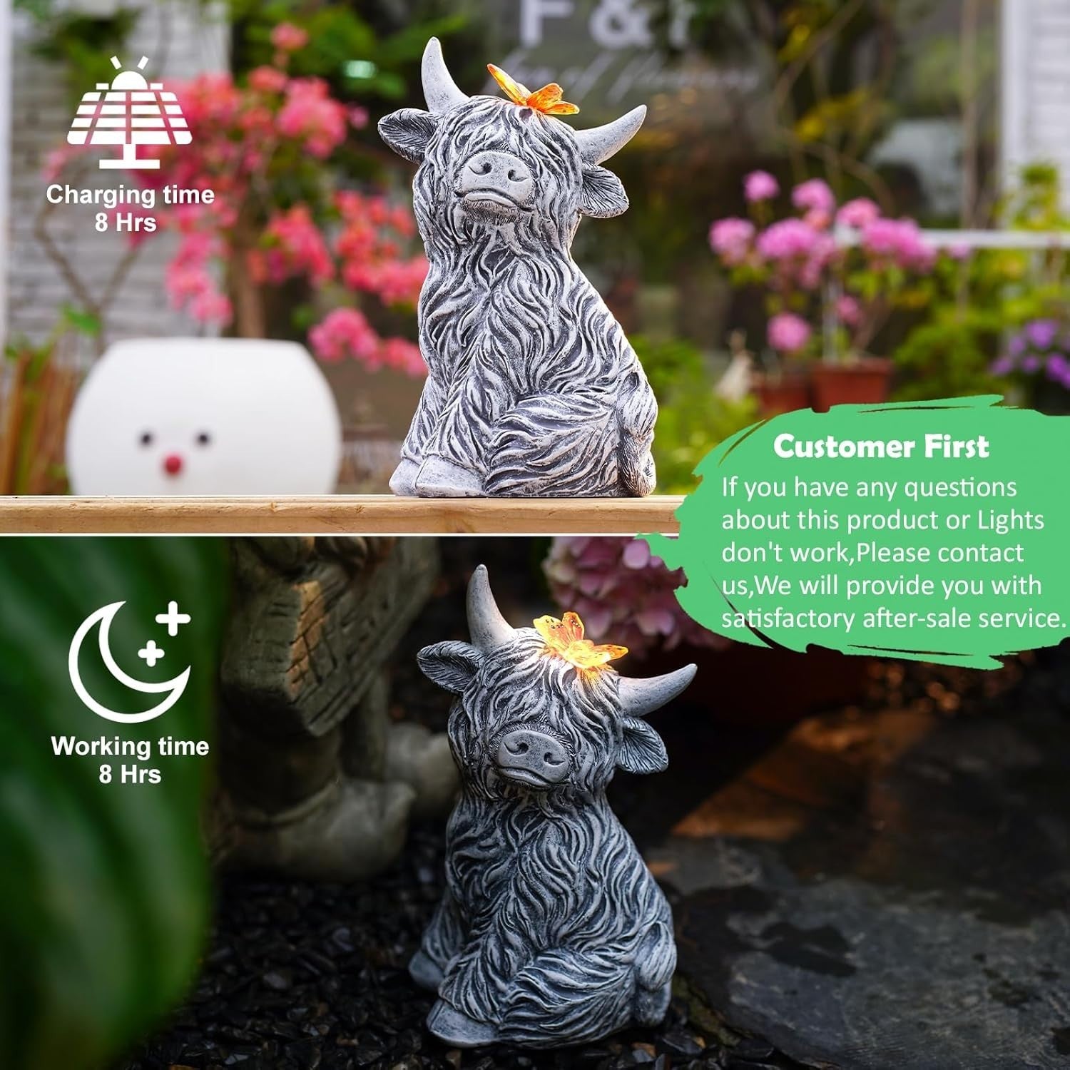 Solar Highland Cow Garden Ornament Grey Resin Statue with Butterfly Light Decor