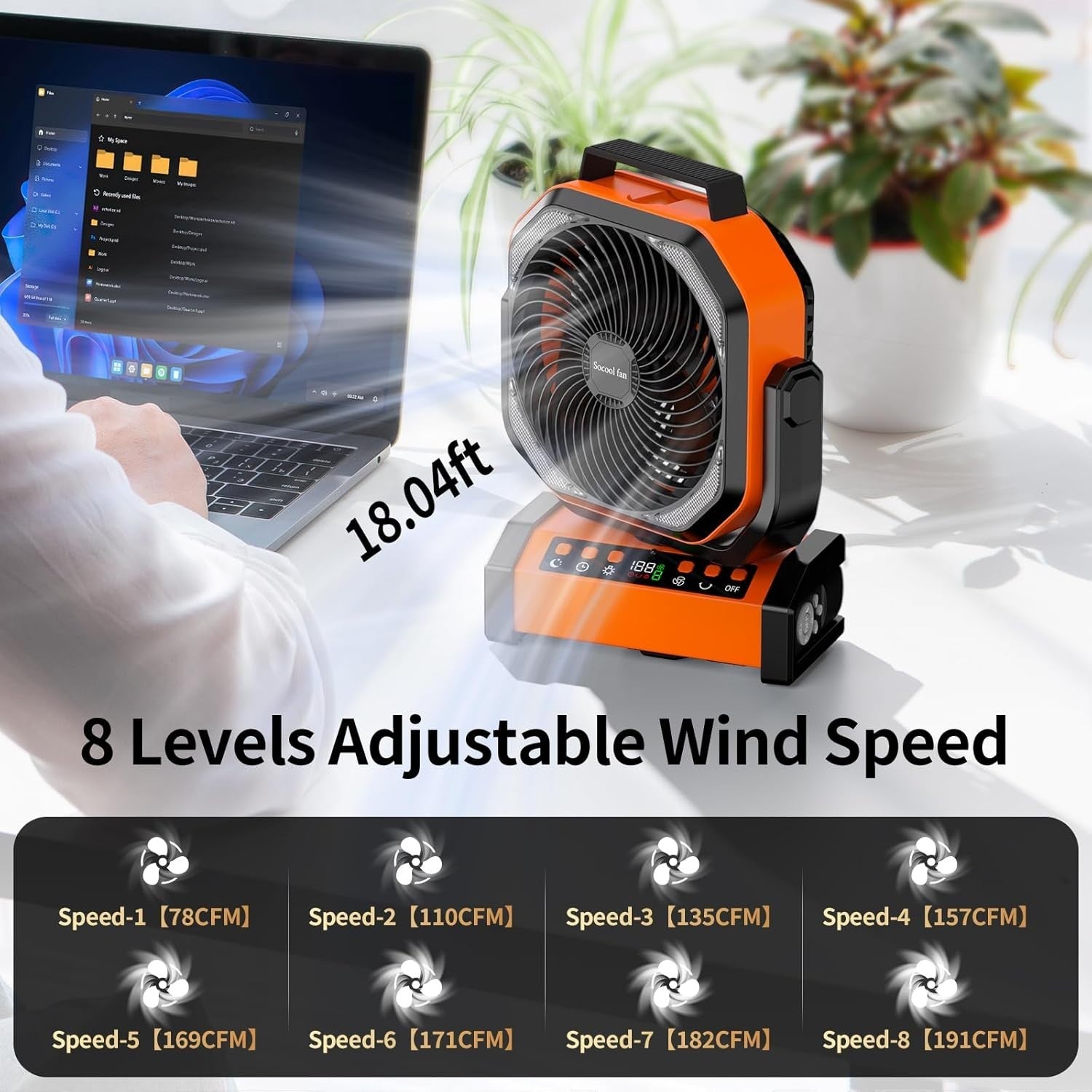 Orange Camping Fan – 20000mAh Rechargeable w/ LED Light, 9 Speeds & Remote Timer