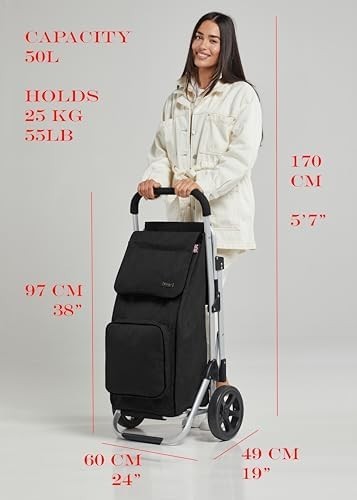 Black Aluminium Shopping Trolley with Seat & 50L Bag, Foldable Wheels