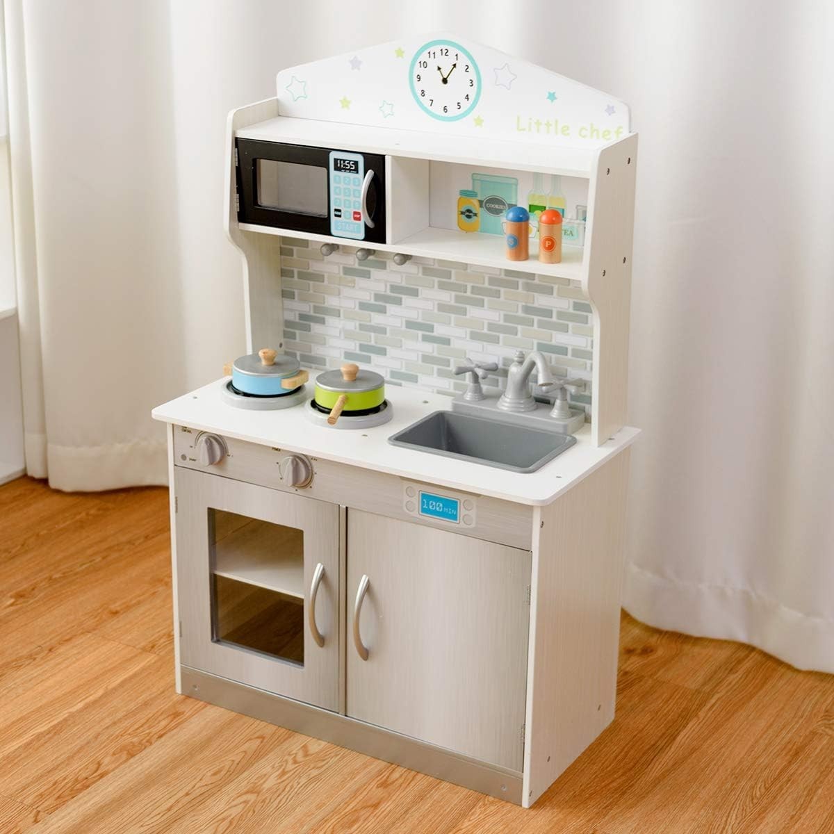 Kids Wooden Play Kitchen Silver w/ Microwave Stove Sink Toy Set
