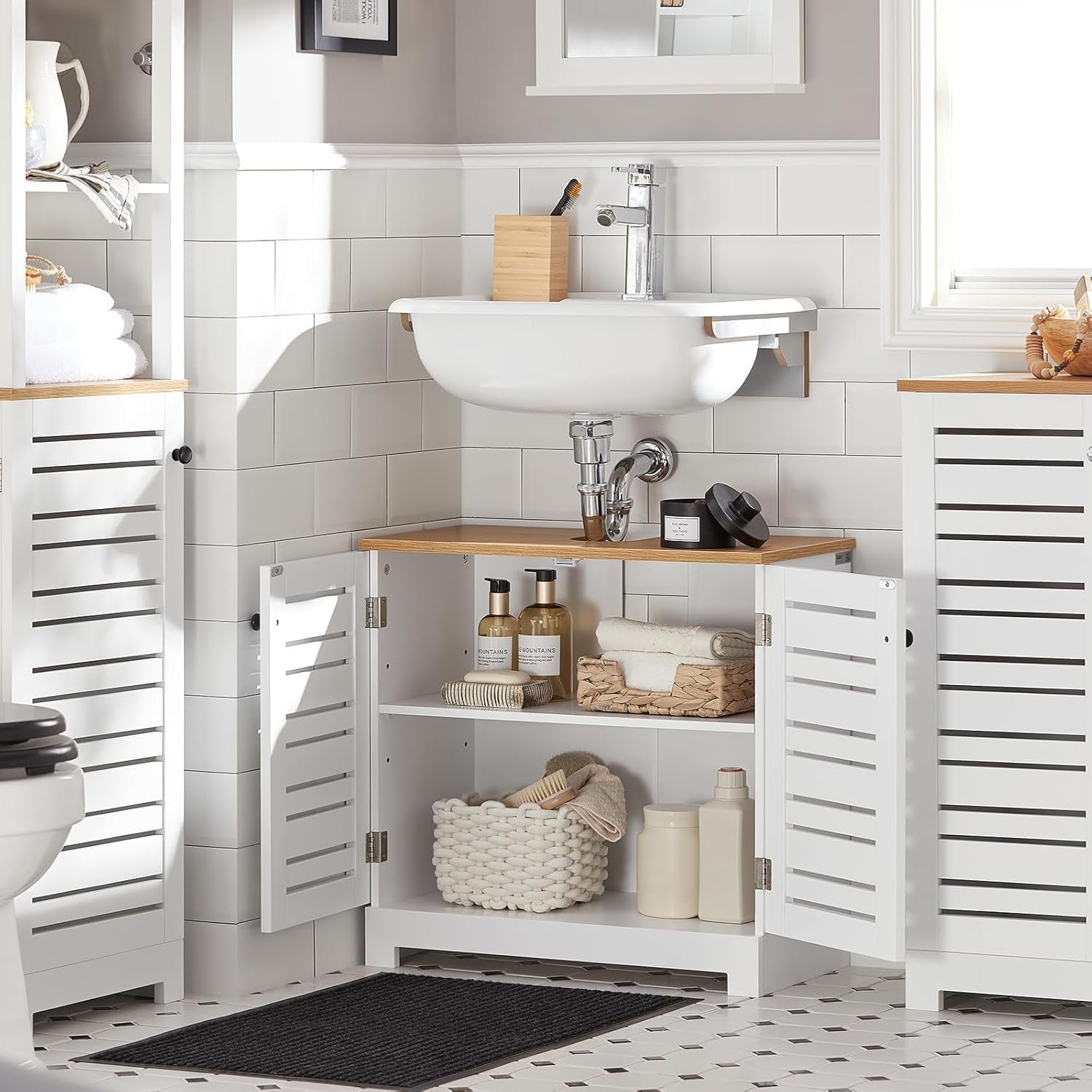 White Under Sink Bathroom Cabinet 60x59x30cm Adjustable Shelf Vanity Unit