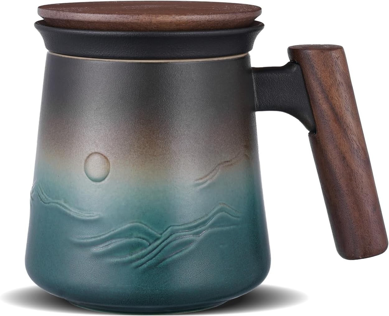 Ceramic Tea Mug 430ml with Infuser Lid & Wood Handle Loose Leaf Cup