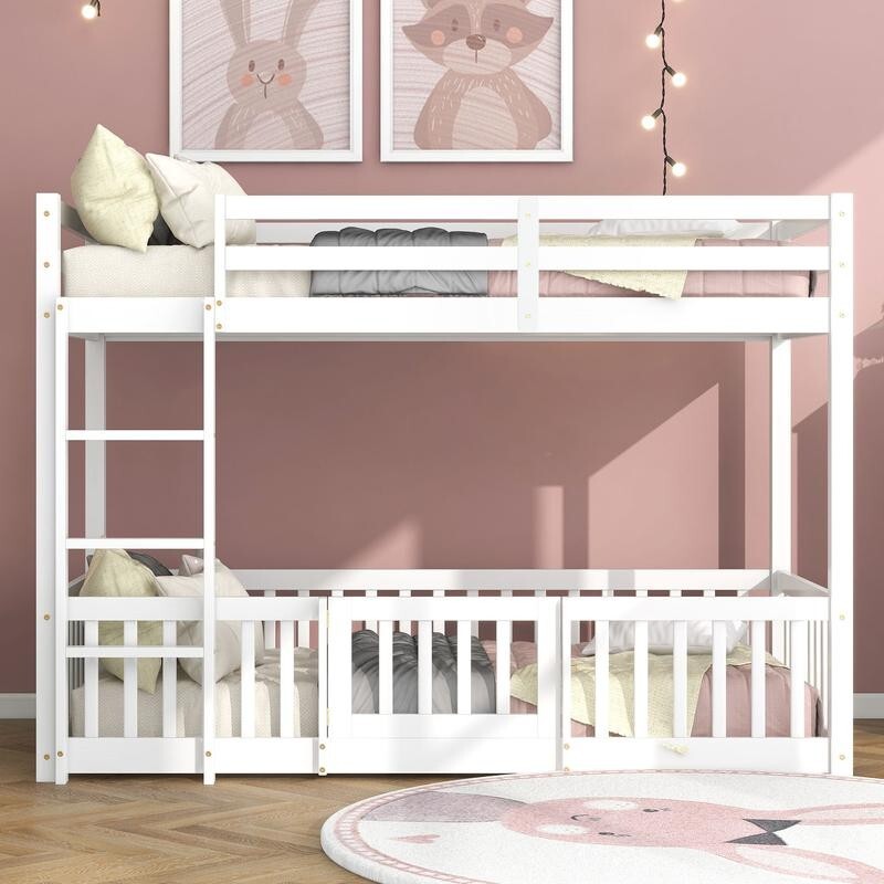 3FT White Kids Bunk Bed with Fence Door Solid Wood Frame Safety Ladder Playzone