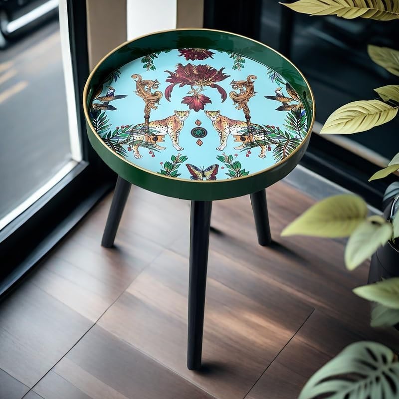 Round Side Table with Detachable Legs – 50x38x38cm Green Leopard