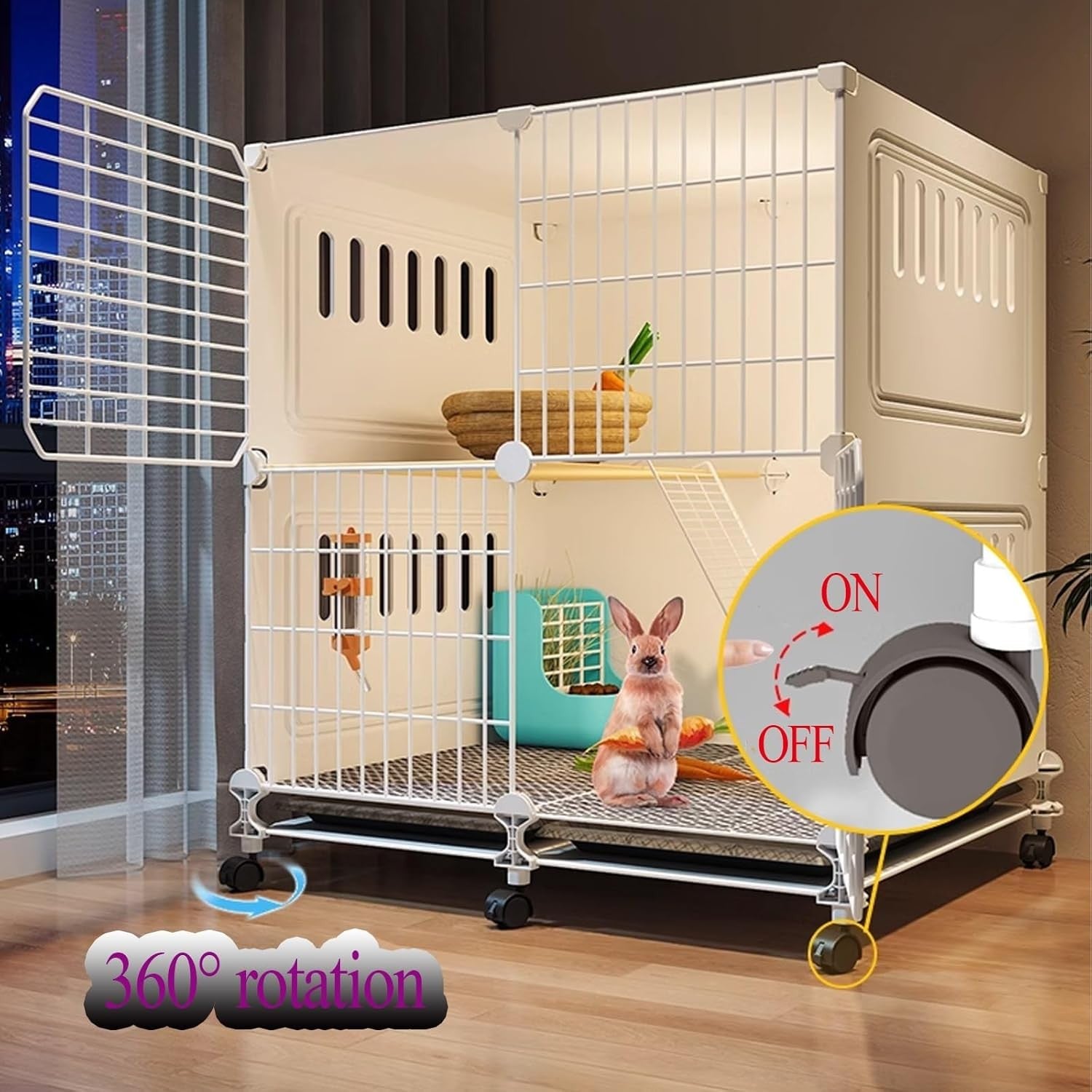 Indoor Rabbit Hutch Wheels 2 Tier Bunny Cage Easy Clean Run Tray