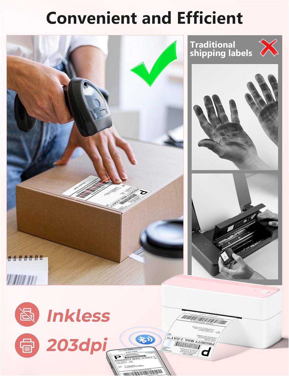 4x6 Bluetooth Thermal Label Printer Shipping Inkless Pink