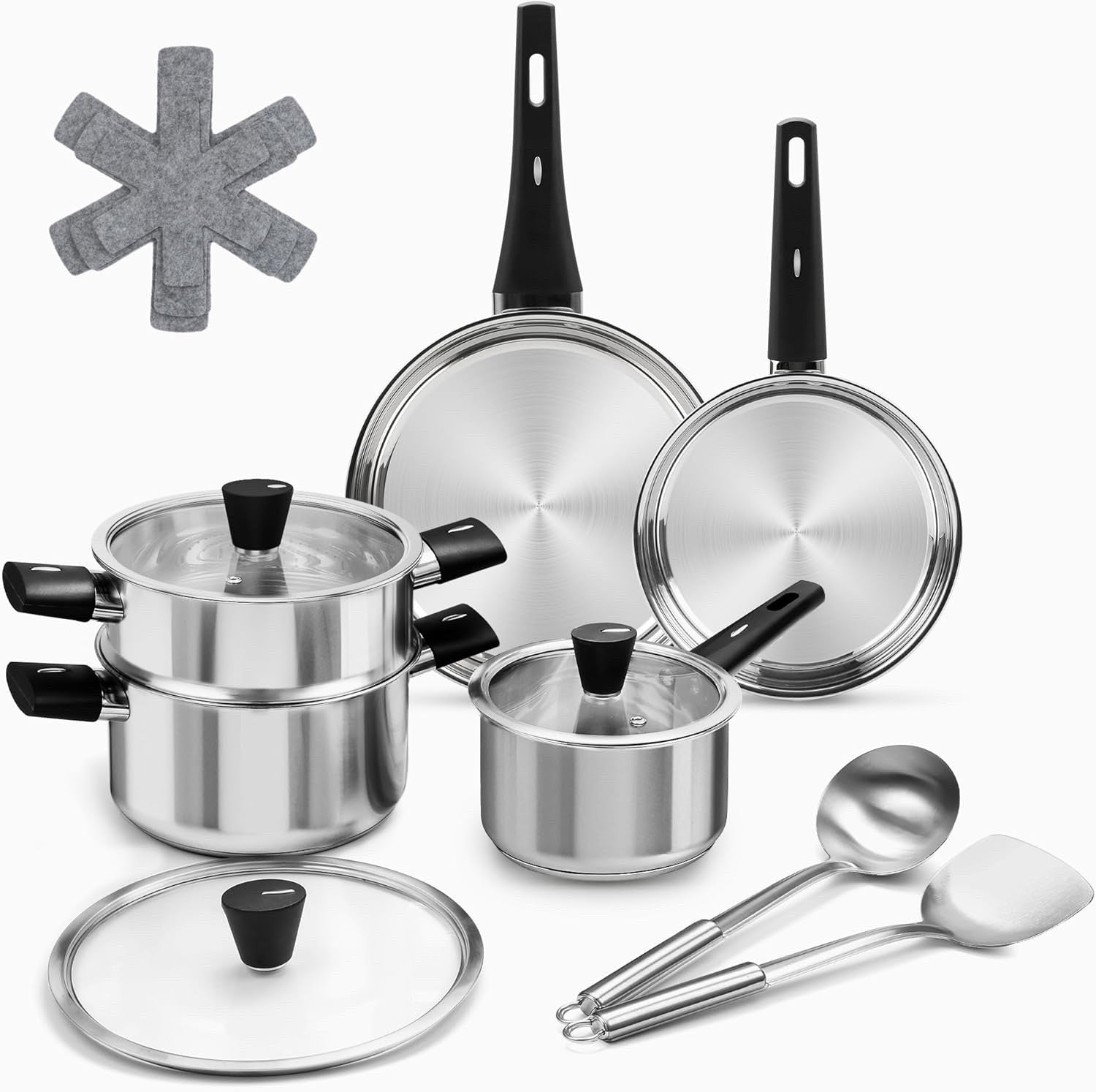 14Pcs Stainless Steel Cookware Set with Steamer &Stay Cool Handle Induction Safe