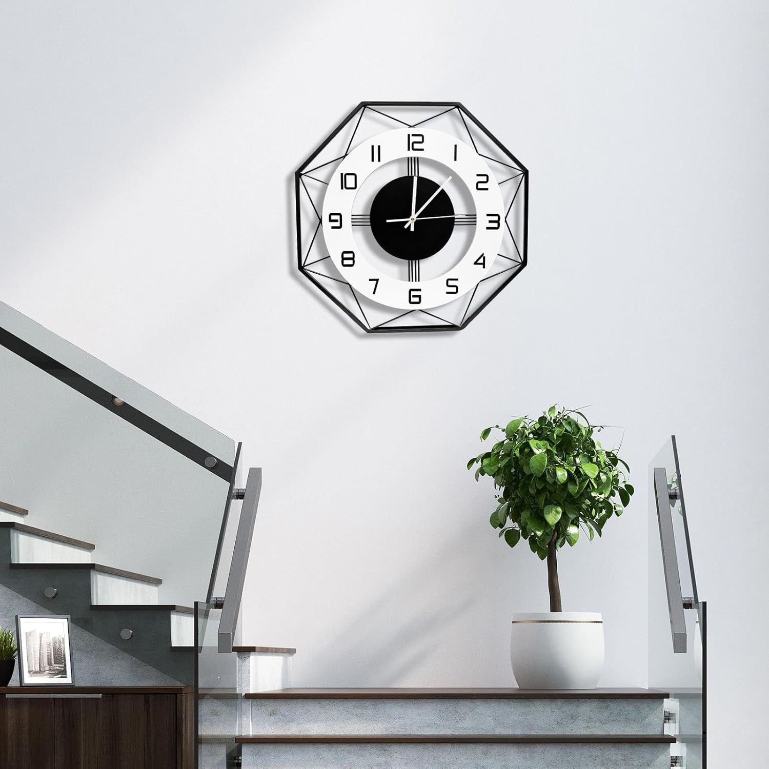 27.5" Silent Wall Clock Black White Modern Large Metal Office Decor