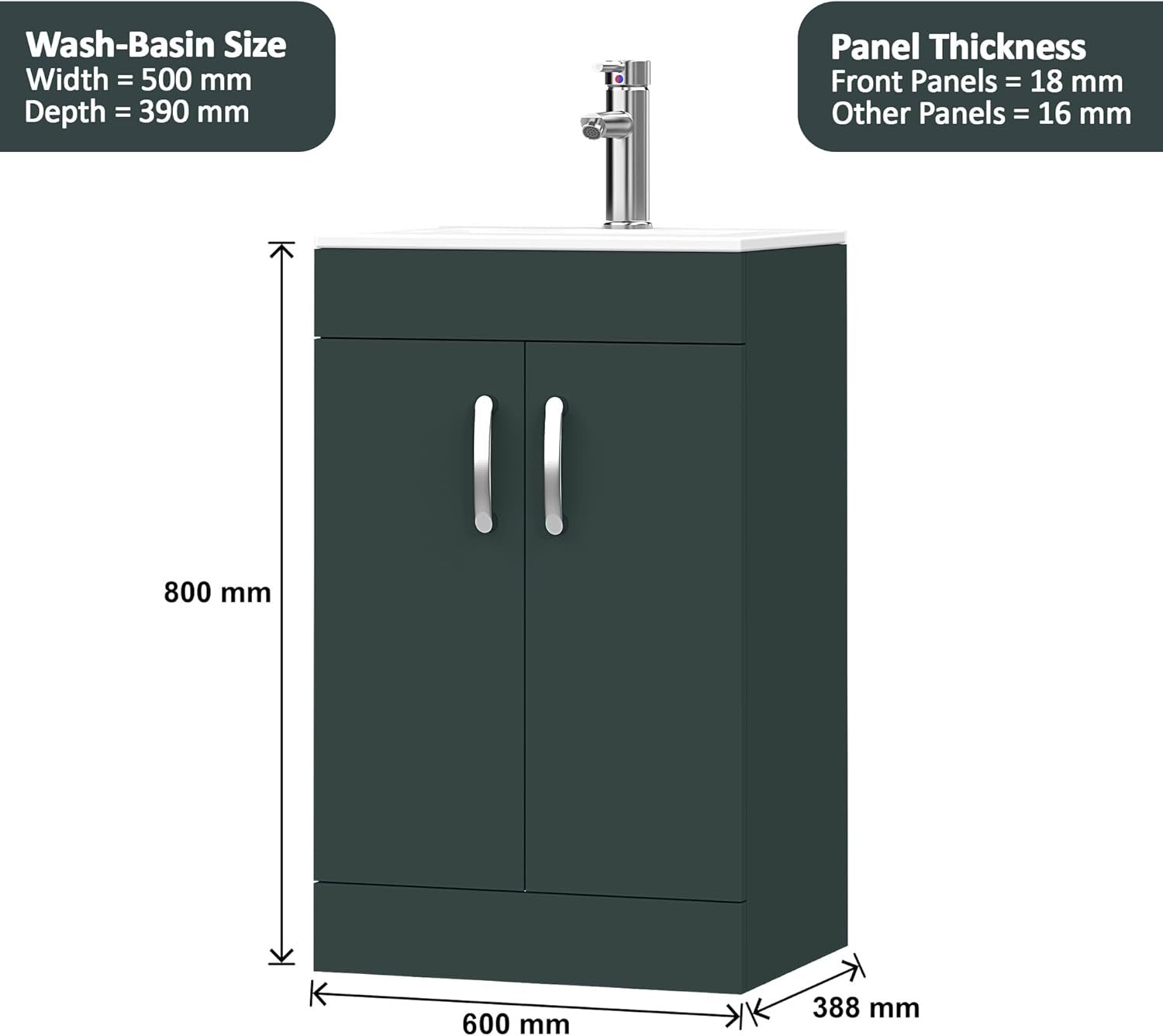 600mm Green Under Sink Bathroom Vanity Unit with Basin Cupboard Storage Cabinet