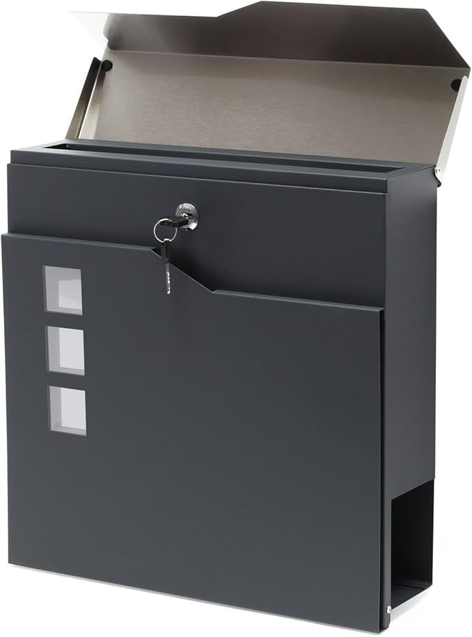 Lockable Wall Mounted Mailbox Dark Grey Steel Newspaper Slot Secure Postbox