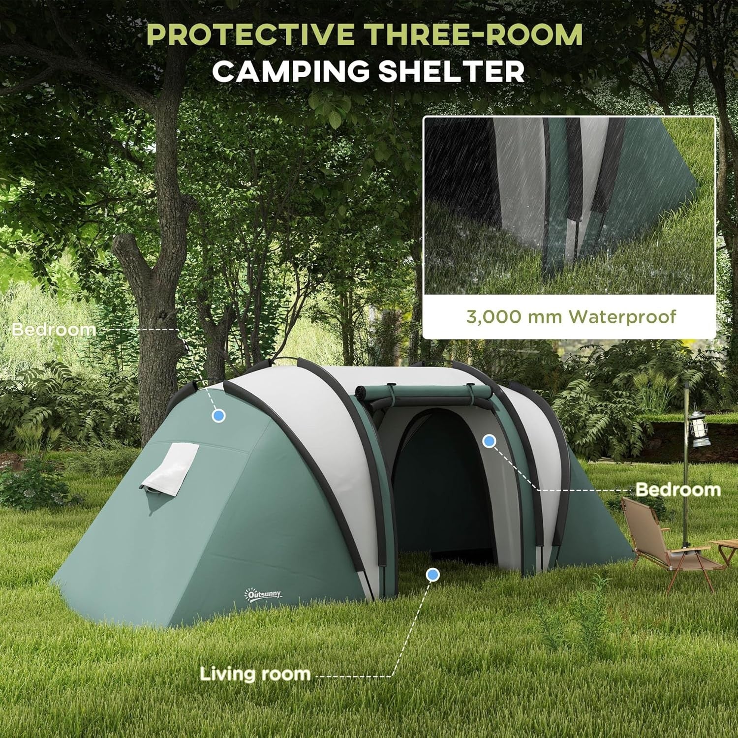 4-5 Person Family Tunnel Tent 3000mm Waterproof 2 Bedroom